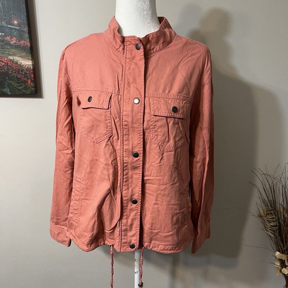 Christopher & Banks Women Jacket Top Salmon Pink Button Snap Pockets L Cotton